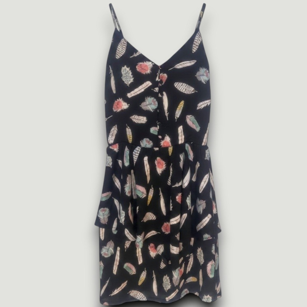 Greylin Womens Dress Black M Feather‎ Print Festival Indie Boho Chic Artsy